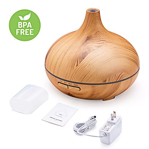 Aroma und Duft Öl Verteiler mit 300ml Kapazität und 30ml/h Feuchtigkeitsabgabe. Neuer Holz Optik Luftbefeuchter, extrem leise durch Ultrasonic Technologie mit 7 farbigen LEDs, 4 verschiedenen Zeit Einstellungen und automatischen Power off ohne Wasser für Bad, Yoga, Zuhause oder Büro - 8