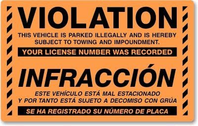 Violation, Vehicle is Parked Illegally and is, Fluorescent Stickers, 50 Stickers/Pack, 8" x 5"