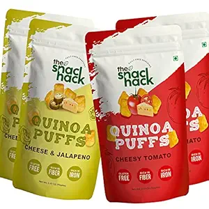 The Snack Hack Quinoa Puffs: Mix Flavours Cheese & Jalapeno, Cheesy Tomato | 100% Roasted Healthy Snack for Kids | High in Calcium and Fibre | Ready to Eat Tangy Spicy Snack | Gluten-Free | Quinoa, Jowar, Oats, Gram Grits | Super Food | Pack of 4 x 70gms each