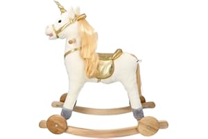 ADAM TOYS Schaukelpferd, interaktives Spielzeug mit Tiergeräuschen und Haltegriffen - Holzpferd für Ihr Baby ab 3 Jahren - Schaukeltier GOLDENES Einhorn - 75x36,5x73cm