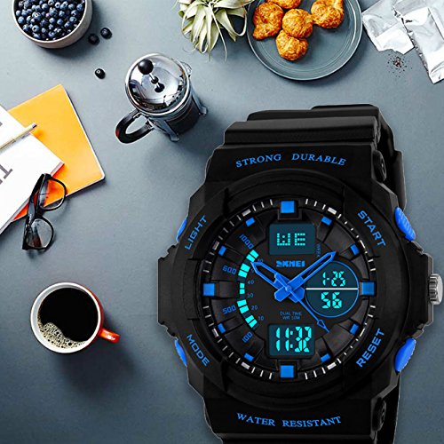 Kinderuhr-Jungen-Mdchen-Sport-Armbanduhr-Digital-Analog-50M-Wasserdicht-Wecker-Dual-Display-Zeitzone-Datum-Uhr-Chronograph-Multifunktion-Outdoor-Stoppuhr-mit-Schwarz-Gummiband