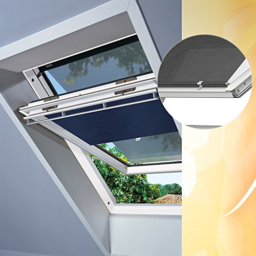 Original VELUX Vorteils-Set ( Sichtschutz-Rollo mit Haltekrallen + Hitzeschutz-Markise ) ROP PK00 9050 Für // GGL, GTL, GPL, GHL, GGU, GTL, GPU, GHU P04, P06, P08, P10, PK04, PK06, PK08, PK10, 404, 406, 408, 410 // in Stofffarbe 9050 / Uni Blau - Markise in Schwarz _59640