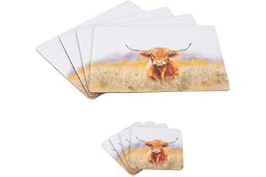 YöL 4 Highland Cow Design Placemats & 4 Coasters Set - Dining Table Surface Protection Food Drink Cork Backing Non-Slip Worktop Saver
