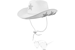 DAJOOEE White Cowgirl Hat Glitter Star Cowboy Hat with Heart Sunglasses - Fits Women for Bachelorette Themed Party