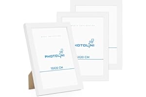 PHOTOLINI Marcos 15x20 cm blanco madera MDF, set de 3 marcos para pósteres, cristal acrílico, para colgar y poner de pie, incluye accesorios - para fotos, láminas y pósteres