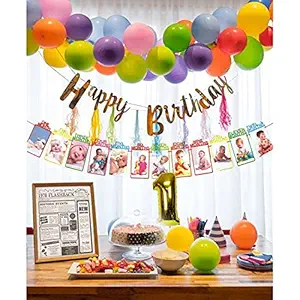 Special You rainbow theme 1st happy Birthday decoration with Photo frame banner for girls , boys , Balloons Garland Arch DIY Kit and multicolor 12 month wise , multi colour balloons - 54 Pcs , set items first bday , babies , Kids ,toddlers , monthly pictures