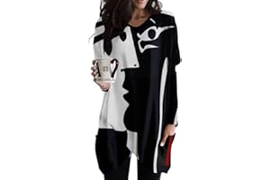 Minetom Langarmshirt Damen V-Ausschnitt Druck Lose Langarm Oberteile Oversize Lang Sweatshirt Tops Asymmetrisch Saum Jumper Pullover Mit Taschen