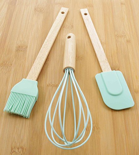 3-teiliges Silikon Küchen- und Back Set in Pastelltönen – Schneebesen, Teigschaber und Pinsel mit Holzgriff (Mintgrün) - 2