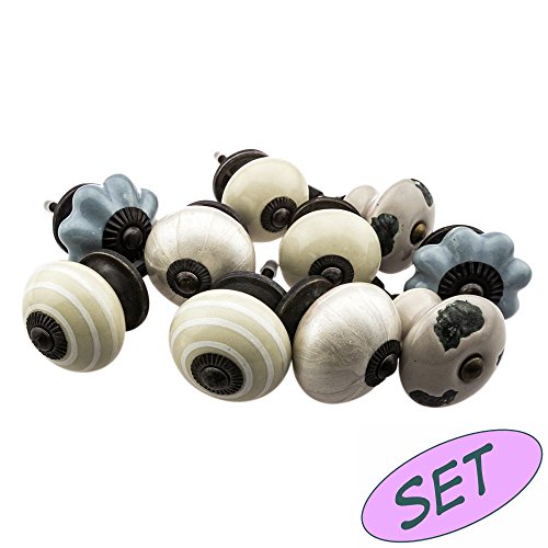 Möbelknopf Möbelknauf Möbelgriff Set JK0212 10er 746 creme grau Keramik Porzellan handbemalte Vintage Möbelknöpfe für Schrank, Schublade, Kommode, Tür - Jay Knopf