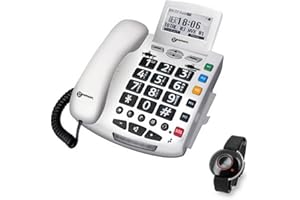 Geemarc Serenities - Téléphone Filaire Amplifié et son Bracelet SOS Résistant à l’Eau avec Grosses Touches et Sonnerie Puissante pour Personnes Agées - Perte Auditive Faible ou Moyenne - Version FR