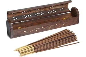 VR ANGLE VR Angel Wooden Incense Stick Holder Storage Box With 10-15 Incense Sticks, Handmade Brown Coffin Box, Ash Catcher With Brass Inlay, Perfect for Any Occasion (Liana Design)