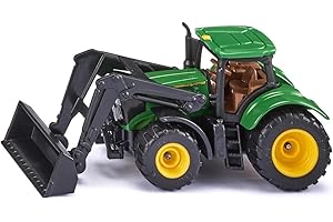 Siku1395 John Deere Traktor z ładowarką, Zielony, Metal , Tworzywo sztuczne, Gumowe opony, Ruchoma ładowarka z przodu pojazdu