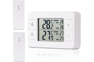 FOUVIN Termometro per frigorifero, termometro per congelatore con 2 sensori senza fili, termometro per interni ed esterni, allarme temperatura, MIN/MAX, indicatore di tendenza della temperatura con freccia