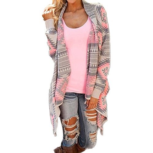 Preisvergleich Produktbild Damen Cardigan Langarmshirt Beiläufige Geometrische Loose Irregular Pullover Mantel Ethno Festlich Outwear Tops Strickjacke Kimono Feder HerbstWinter (M, Rot)