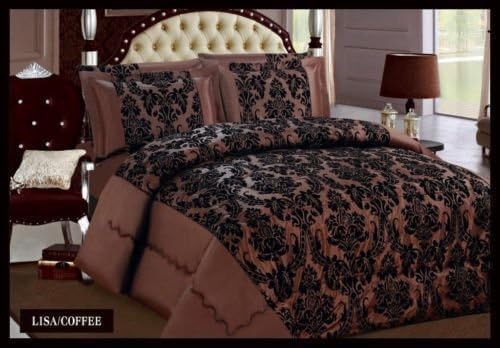 Luxury 3 pieces Lisa comforter bedspread floral pattern quilted flock damask With 2 Pillow shams Double, King &amp; Super King sizes (KING, COFFEE)