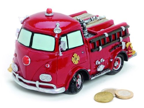 Spardose Feuerwehr Auto 17x10x9 cm groß aus Polystein rot, Gelddose Sparbüchse verschließbar mit Gummipfropfen, Geschenk Junge Feuerwehrmann Geburtstag