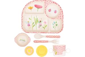 Yuragim zestaw zastawy dla dzieci, bez melaminy, 5-częściowa zastawa z przyssawką, tablet do menu dla niemowląt, talerz dla dzieci, antypoślizgowy, bez BPA, talerz, kubek z pokrywką, łyżka, widelec