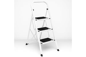 T-LOVENDO.ES Escalera Plegable de 3 peldaños con Estructura de Acero | Taburete Multifuncional con Superficie Antideslizante y Base Estable | Ligera, portátil y Segura para hogar, Oficina y tareas domésticas