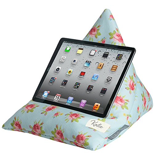 Luxurious Personalised Designer iPad, Tablet, eReader, Phone Bean Bag Cushion Stand - Duck Egg Vintage Rose - Soft to Touch Velvet - (A Range of Adults & Children Designs)
