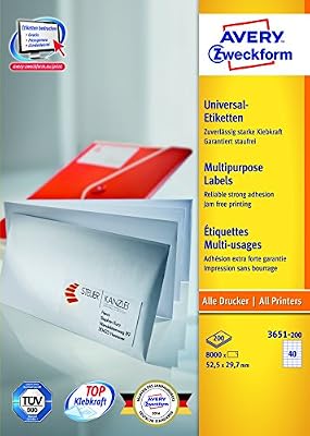 Avery 3651-200 Lot de 8000 Etiquettes autocollant multi-usages 40 par feuille 52,5 x 29,7 mm Blanc