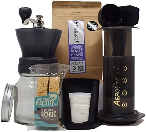Discover Coffee Gift Set - Source Mexico Whole Bean Coffee (227g), Grunwerg Grinder, Aeropress Kit &amp; Biscotti