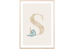 MeinBaby123® Poster con lettere, formato DIN A4, per cameretta dei bambini, decorazione per la cameretta dei bambini, idee regalo per la nascita, lettera S (dolce leone marino)