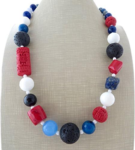 Multi gemstone necklace, chunky necklace with blue lapis lazuli, red coral, cinnabar and white agate, bold necklace, summer jewellery, color block jewellery