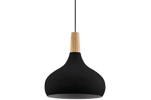 EGLO lampa wisząca Sabinar, lampka do salonu i jadalni, światło z metalu w kolorze czarnym i drewna w kolorze naturalnym, FSC100HB, oświetlenie wiszące, oprawka E27, Ø 28 cm