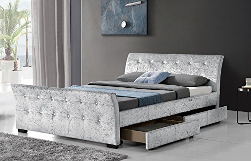 Stunning New Luxury Madrid Crushed Velvet Black/Silver 4 Drawer Storage Sleigh Bed Frame By Limitless Base