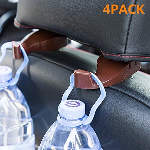 Car Seat Headrest Hanger Hook with Lock, Gyges 4 PACK Universal Car Vehicle Back Seat Headrest Hanger Holder Hook for Shopping Bag Purse Cloth Grocery - Suitable For Most Car Models (Brown)