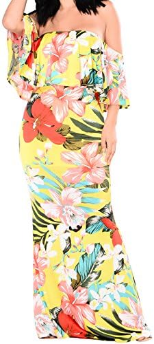 Synker Women's Floral Print Off Shoulder Ruffle Party Long Maxi Dress