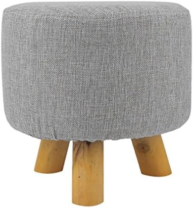 Upholstered Footstool Ottoman Round Pouffe 3 Legs Stool Wooden Pattern Removable Linen Cover Grey