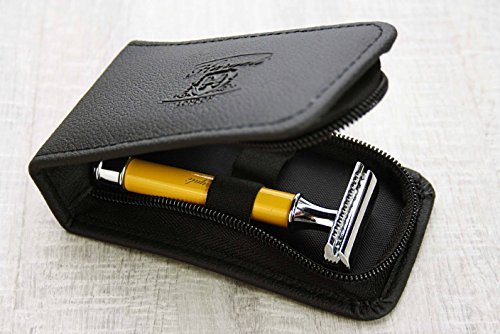 3 Piece Men's Shaving De Safety Razor in Yellow Colour. Perfect for Deep Clean Shave. Comes in a Leather Zipper Pouch… - Image 2