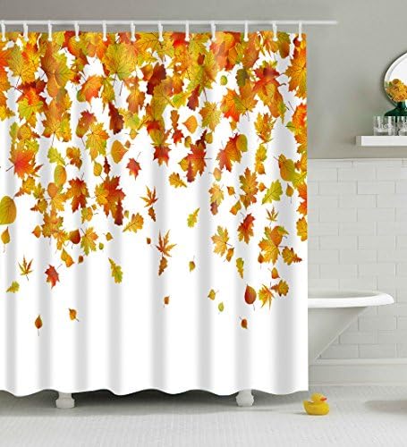 Waterproof Polyester Fabric Bathroom Shower Curtain, Qile Mildew-Resistant Anti-Bacterial 3D Digital Printing Pattern Shower Curtains with 12 Ring Hooks, 180 x180cm (Golden Maple Leaves)