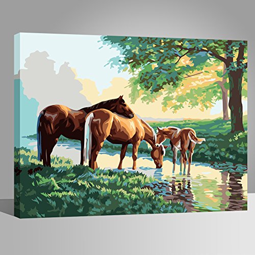 RIHE Wood Frame, Paint by Numbers DIY Oil Painting Horse Family Canvas Print Wall Art Home Decoration