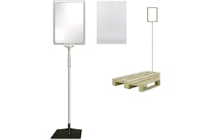 GEBAR Plakatständer DIN A4 Rahmen transparent mit U-Tasche, Teleskopständer höhenverstellbar bis 1510 mm mit Teleskoprohr ALU Kunststoff, Fuß eckig 160x192 mm Stahl schwarz, Kundenstopper, Aufsteller