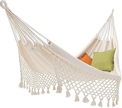 ECOMUNDY ROMANCE XL - Hamac classique avec frange de qualité supérieure, blanc, 100% coton bio, 160X260cm, max. 250 kg
