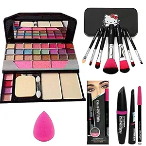 BTN Combo Face Makeup Kit With 7pcs Makeup Brush Set Different Size With Tya 6155 Makeup Kit + 1 Pc Beauty Blender Puff And 3in1 (Kajal+mascara+eyeliner) (Set Of 7)