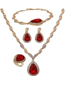 YAZILIND Frauen Hochzeit Prom-Partei-Braut rote Kristallschmucksachen 18K Gold überzog Halskette Ohrringe Armband-Ring-Sets