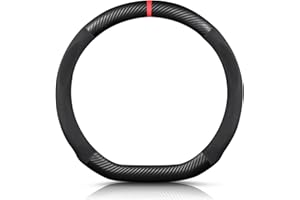 Ergocar Forma di D Fibra di Carbonio e Pelle PU in Microfibra Coprivolante Antiscivolo Coprivolante per Auto Universale Sport Traspirante Per diametro 38 cm（15"）-Nero Rosso
