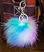 Price comparison product image 3 FOR 2! 12cm Blue & Green With Random Rainbow Mixes Large Fluffy FAUX / FAKE fur raccoon style pom pom big designer gold keyring clasp charm (Blue & Green With Random Rainbow Mixes)