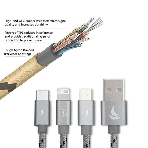 EliteSoft Nylon Ladekabel Micro-USB Lightning Kabel High Speed 4.9ft 3 in 1. Apple iPhone7, 6, 5 ,4 und Android Smartphones, Samsung, HTC, Sony, Nexus und mehr ertragung Aluminium 2 Kabel - 3