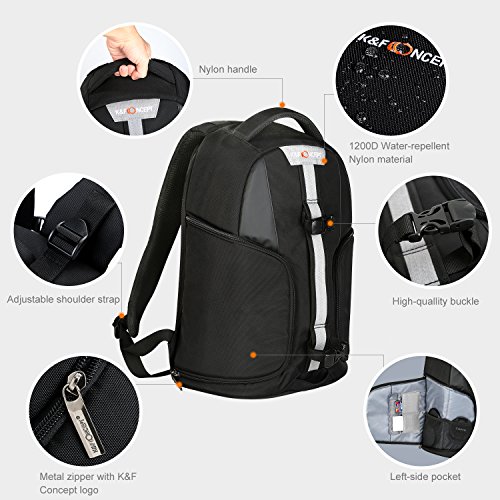 K&F Concept® Kamerarucksack Camera Backpack Fotorucksack Kameratasche für Canon Nikon Sony SLR-Kamera inkl. Kamera-Schnellzugriff Stativhalterung und Regenschutzhülle Schwarz S - 5