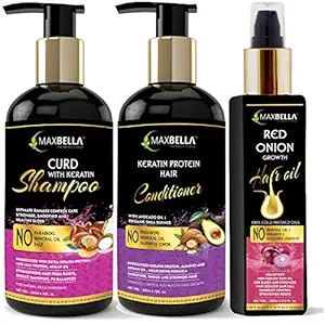 MAXBELLA Curd With Keratin Protein Hair Shampoo 300ml,Keratin Hair Conditioner 300ml & Red Onion Hair Oil 200ml No Paraben & Mineral Oil-for Men and Women Combo (3 Items in the set)