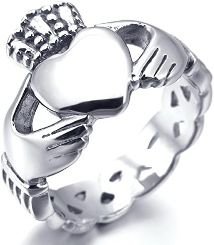 MunkiMix Stainless Steel Ring Silver Tone Irish Celtic Knot Irish Claddagh Friendship Love Heart Royal King Crown Size V Women,Men