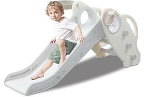 ‎HOOPYOSMS hoopyosms 3-in-1 Kinderrutsche, Faltbar Babyrutsche mit Basketballkorb, Gartenrutsche Kinderrutsche Outdoor, Rutsche Indoor ab 1-3 Jahre, Grau