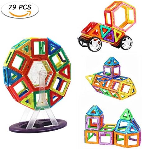 VTOSEN Magnetic Building Blocks, 79Pcs Magnetic Construction Blocks Rainbow Color Enducational Stacking Toys Set with Ferris Wheel & Car Wheel for Kids Toddler Creativity and Fun