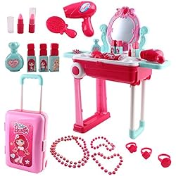 deAO Coiffeuse de vanité Portable 2-en-1 Convertible en Valise avec des Accessoires Inclus - Jeu de rôle.
