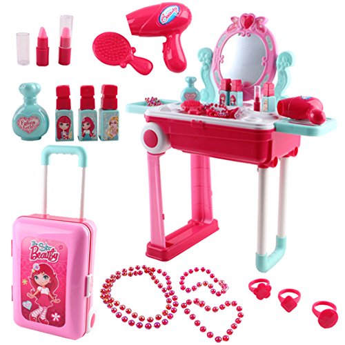 deAO Coiffeuse de vanité Portable 2-en-1 Convertible en Valise avec des Accessoires Inclus - Jeu de rôle.