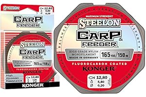 Konger Steelon Carp&Feeder Fil de pêche à la carpe en fluorocarbone Revêtement ultra résistant 150 m 0,20-0,40 mm